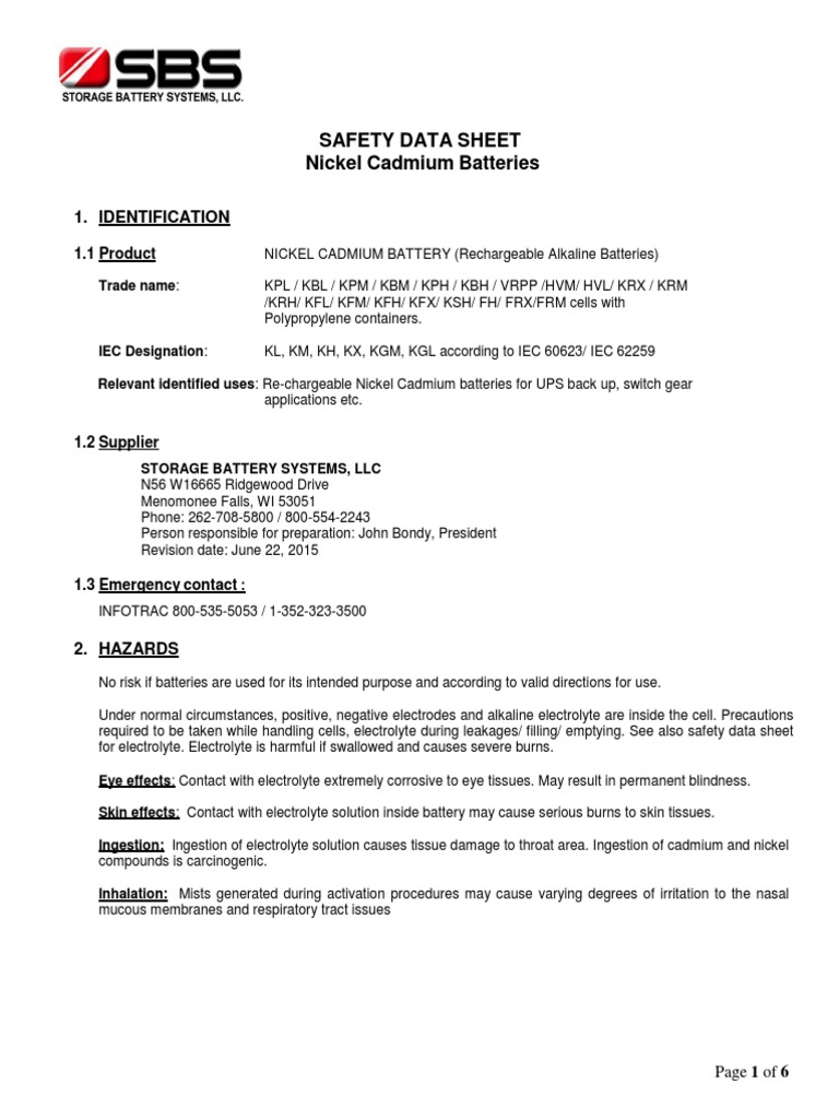 SDS Nickel Cadmium PP Containers PDF Battery (Electricity) Water