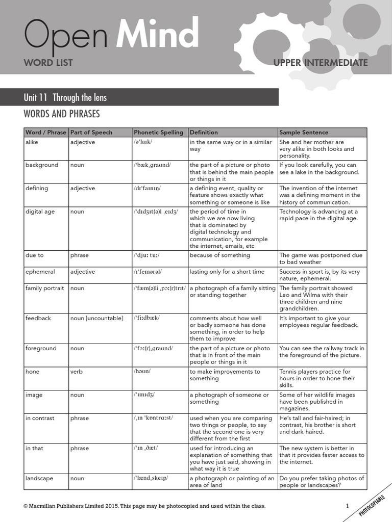 Open Mind Upper Intermediate Unit 11 Wordlist PDF Noun Adjective