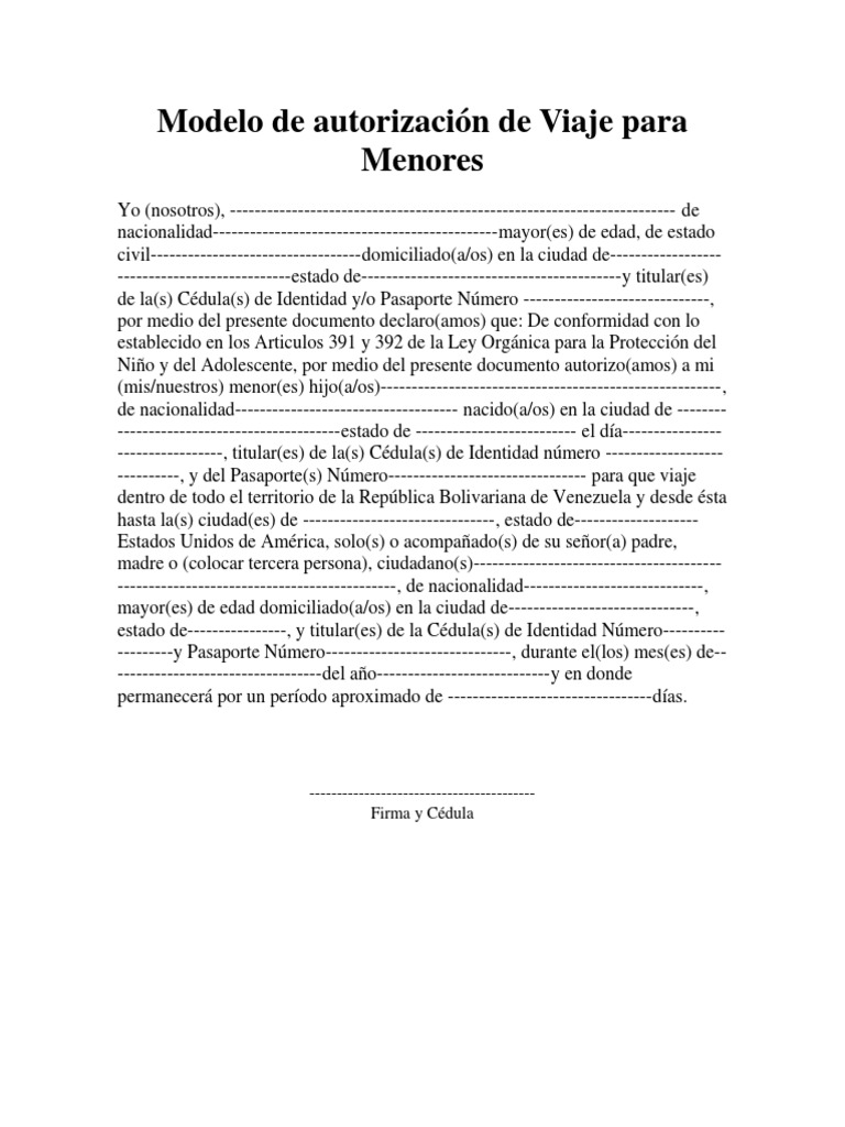 Modelo de Autorización de Viaje para Menores | PDF | Pasaporte | Gobierno