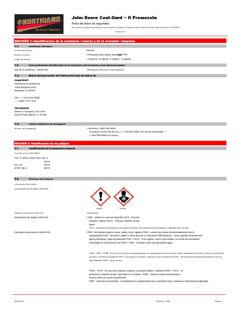 MSDS 65 John Deere Cool Gard Ii PDF PDF Contaminación La