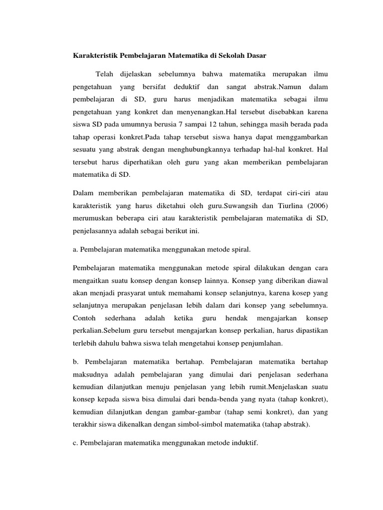 Karakteristik Pembelajaran Matematika Di Sekolah Dasar