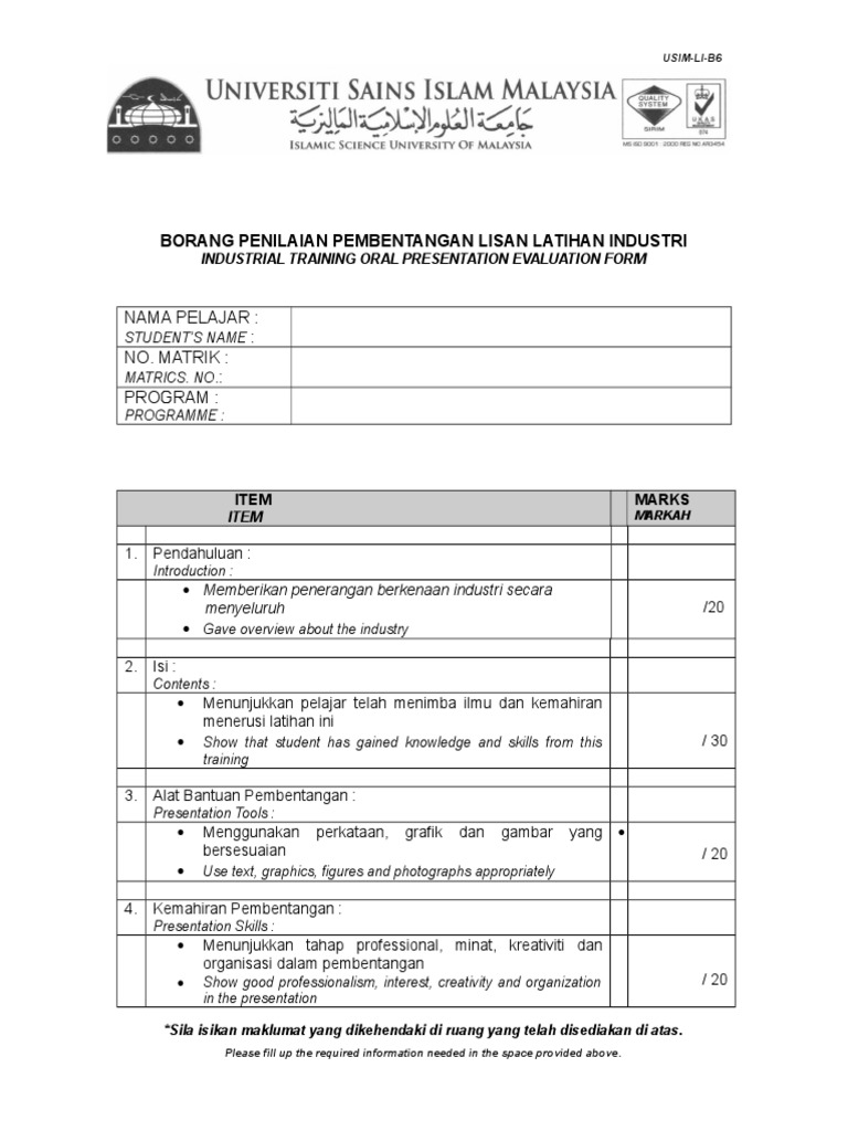 USIM-LI-B6- Borang Penilaian Pembentangan Lisan Pelajar