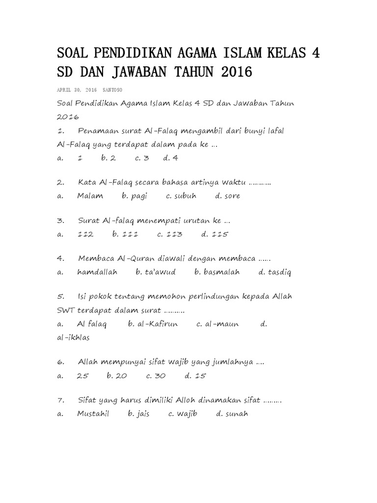 Soal Pendidikan Agama Islam Kelas 4 Sd Dan Jawaban Pdf