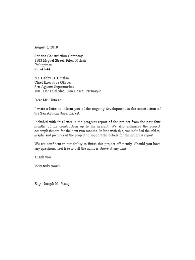 Cover Letter and Progress Report Business Business