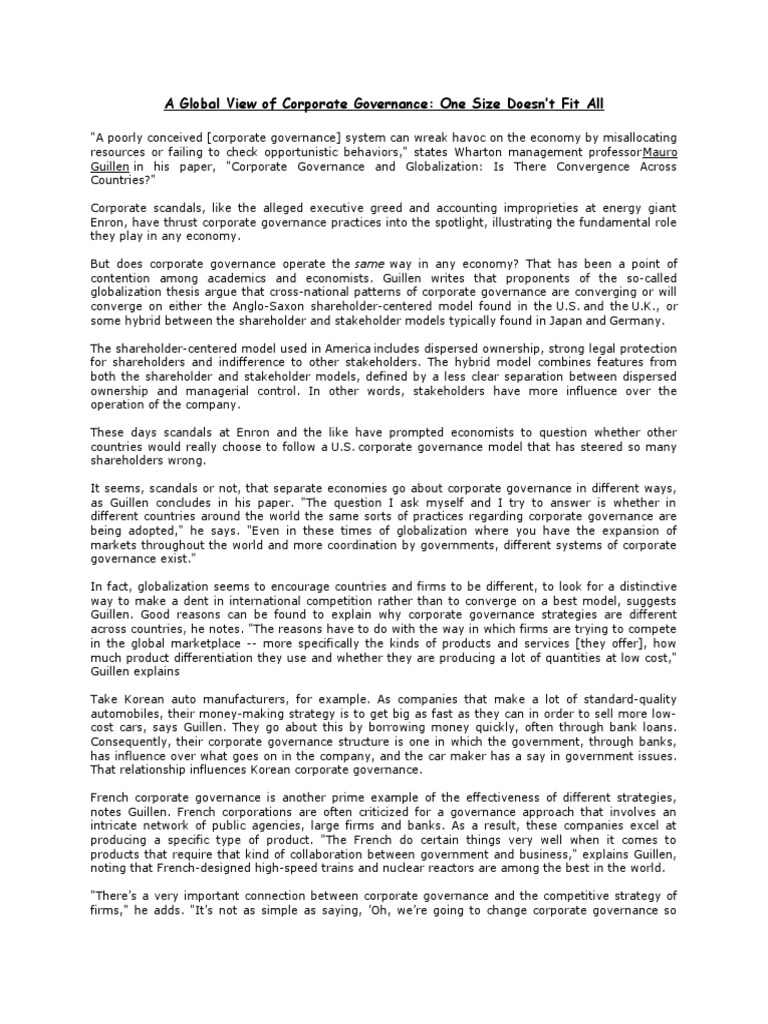 Global Corporate Governance Insights | PDF | Corporate Governance ...