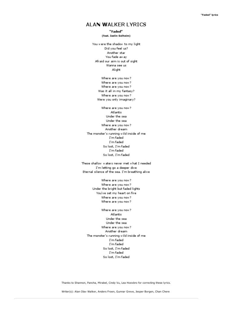 Alan Walker Lyrics Faded Pdf Leisure