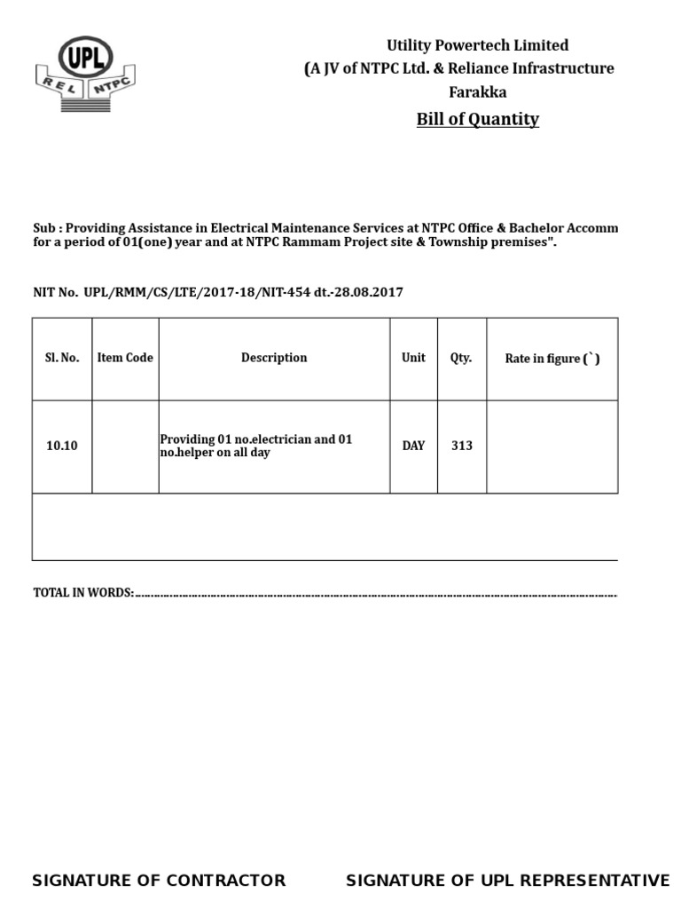 Bill of Quantity Utility Powertech Limited (A JV of NTPC Ltd