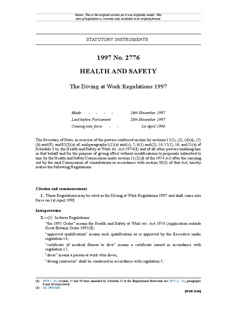 The Diving at Works Regulation 1997 Download Free PDF Underwater