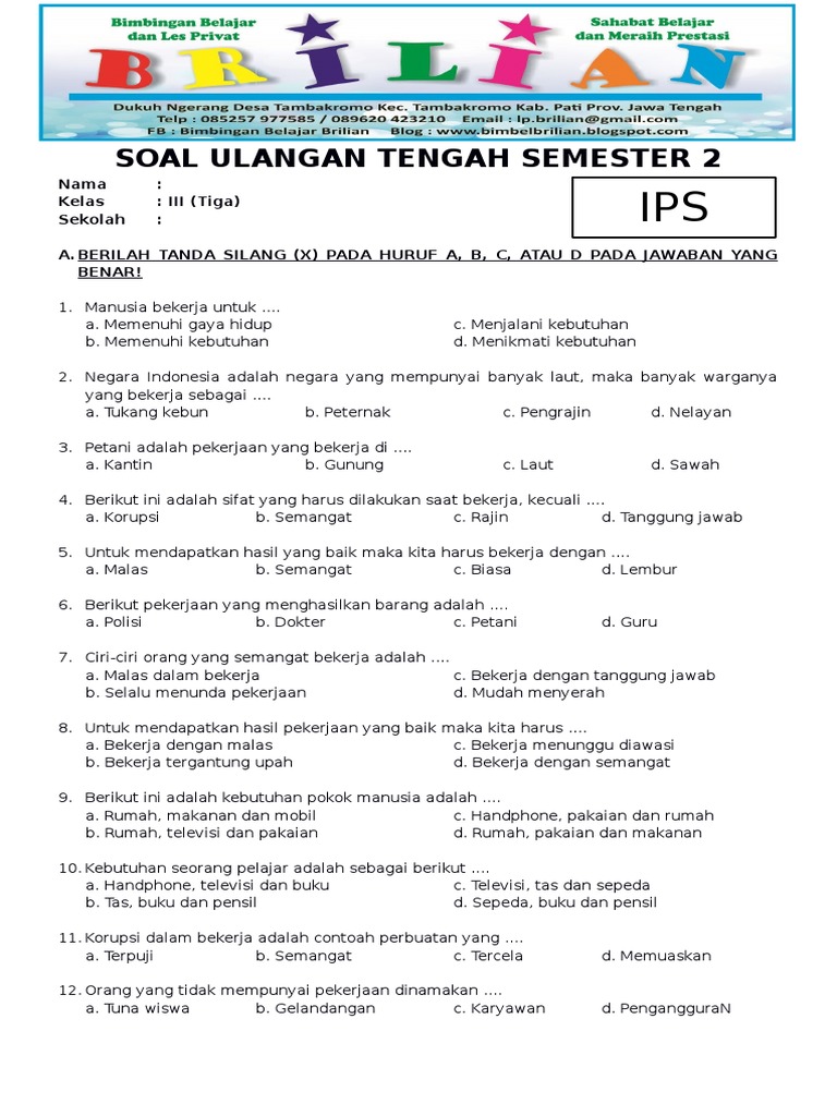 Soal Uts Ips Kelas 3 Sd Semester 2 Dan Kunci Jawaban