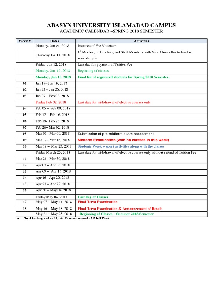 Abasyn University Islamabad Spring 2018 Calendar | PDF
