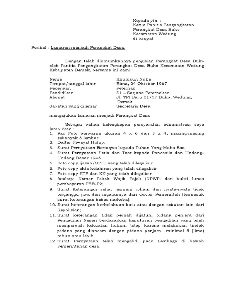 Contoh Surat Lamaran Menjadi Perangkat Desa - Berbagai ...