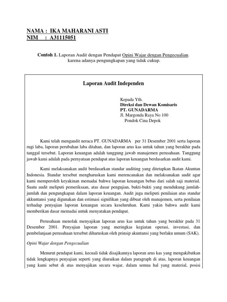 Laporan Auditor Independen Tidak Wajar Bagikan Contoh