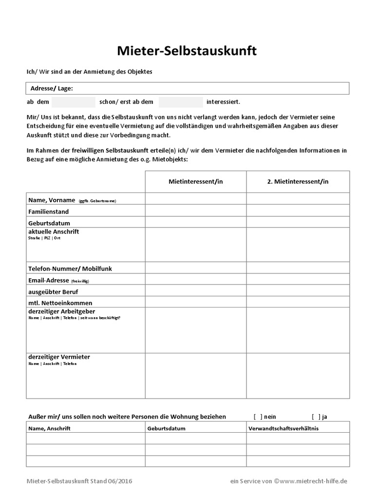 Selbstauskunft Mieter Vorlage Pdf