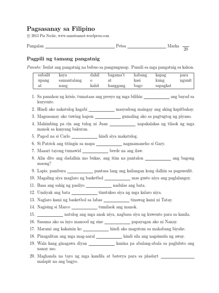 Pagpili Ng Tamang Pangatnig 1