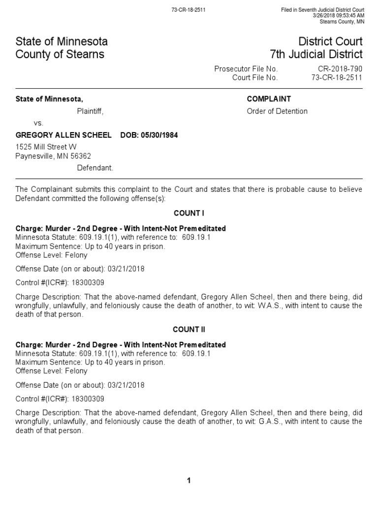 Stearns County Murder Complaint: Scheel | PDF | Arrest | Bail