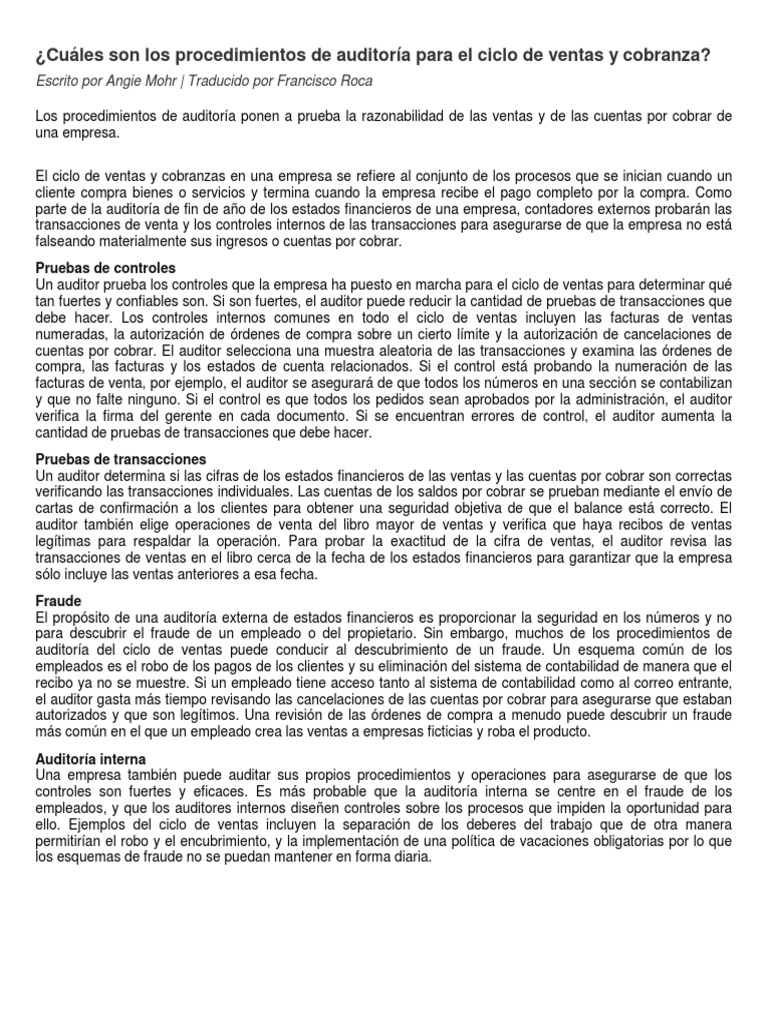 Auditoría del Ciclo de Ventas y Cobranza | PDF | Contralor | Contabilidad