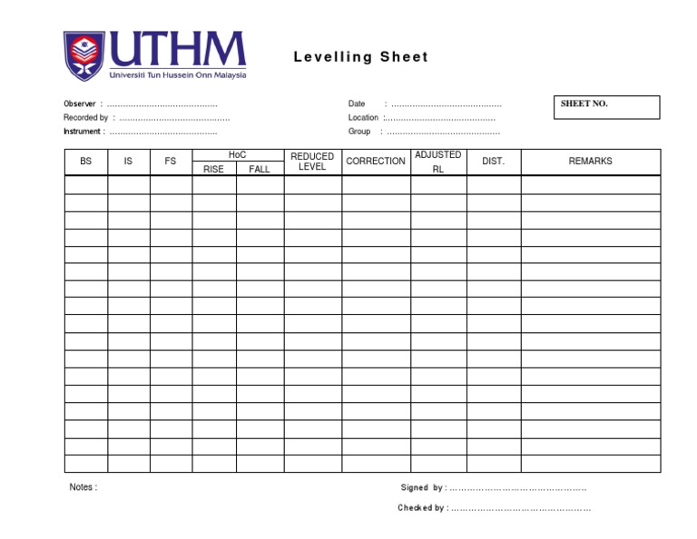 Levelling Sheet Template for Surveying | PDF