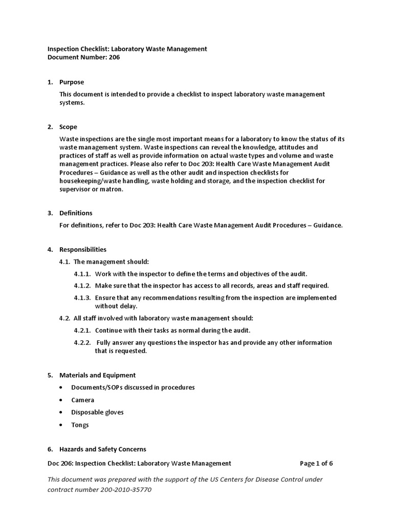 206 Inspection Checklist Laboratory Waste Management Final | PDF ...