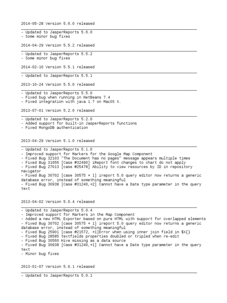 JasperReports Version Release Notes | PDF | Microsoft Excel | Software Bug