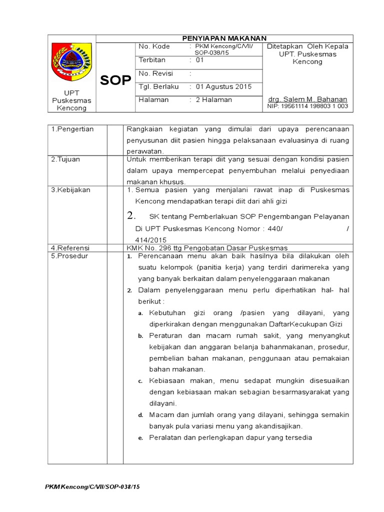 SOP Penyiapan Makanan | PDF