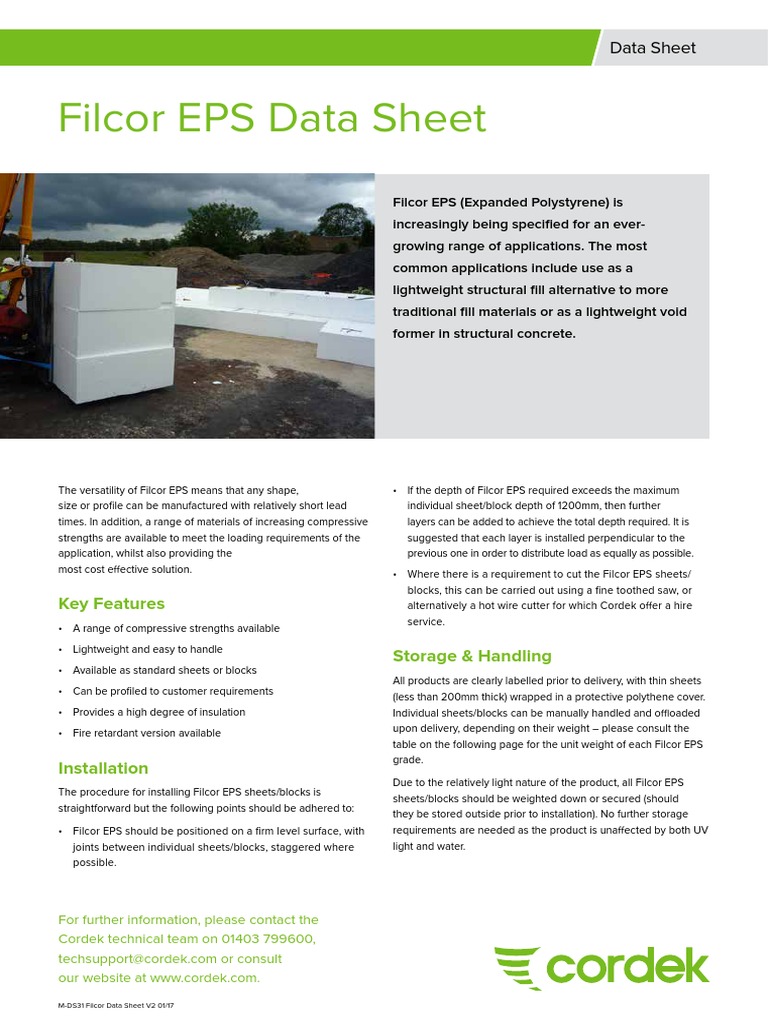 Filcor EPS Data Sheet Overview | PDF | Polystyrene | Concrete