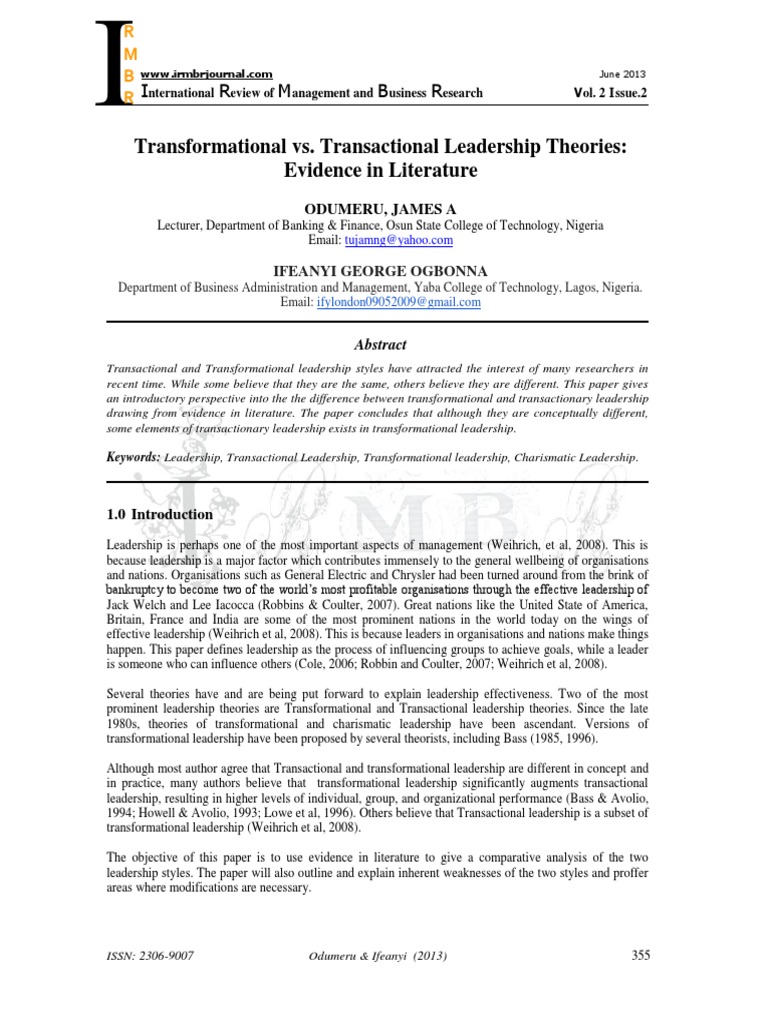 Transformational vs Transactional Leadership Theories Compared | PDF ...
