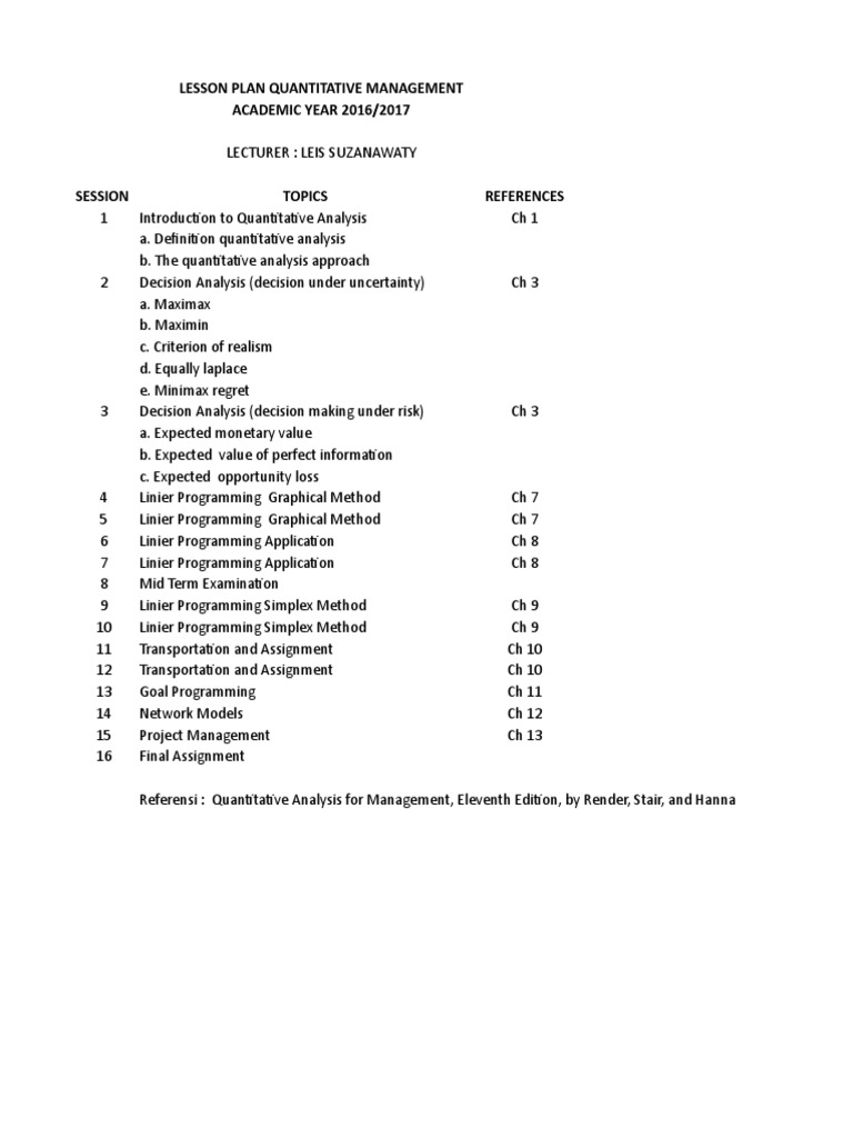 Lesson Plan Quantitative Management ACADEMIC YEAR 2016/2017 | PDF ...