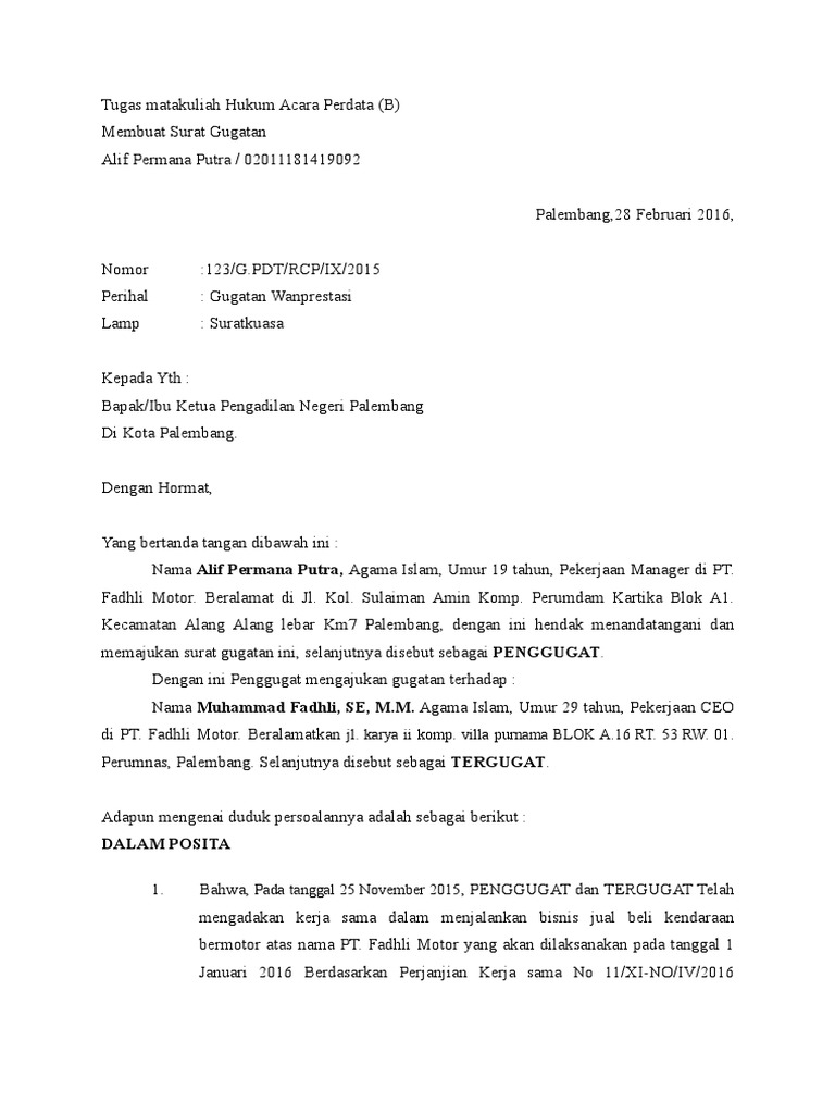 Gugatan Wanprestasi Contoh Surat Kuasa Khusus Perdata Wanprestasi Nusagates