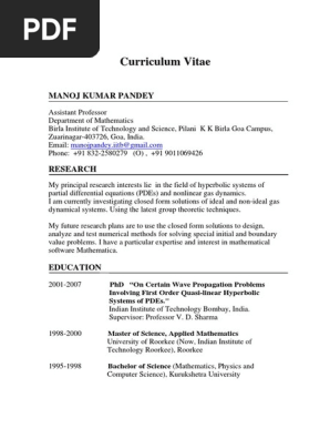 Curr Vitae Manoj Ecuación Diferencial Parcial Física Y - 