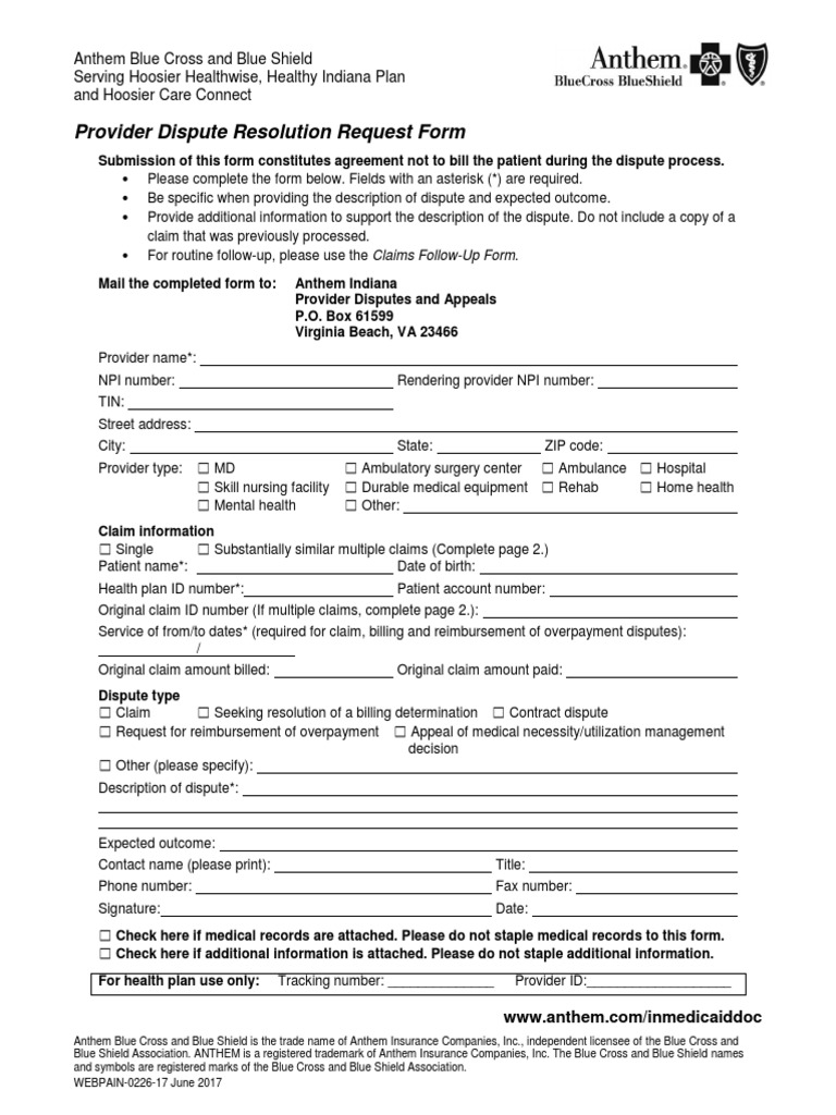 BCBS in Provider Dispute Resolution Request Form | PDF | Blue Cross Blue  Shield Association | Medical Record