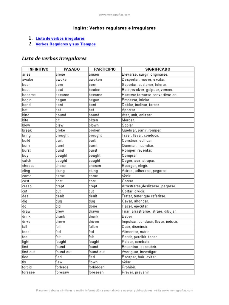 Ingles Verbos Regulares e Irregulares | PDF | Language Arts & Discipline