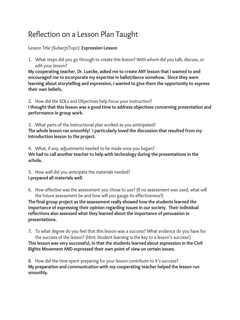 Educator's Lesson Reflection | PDF | Career & Growth