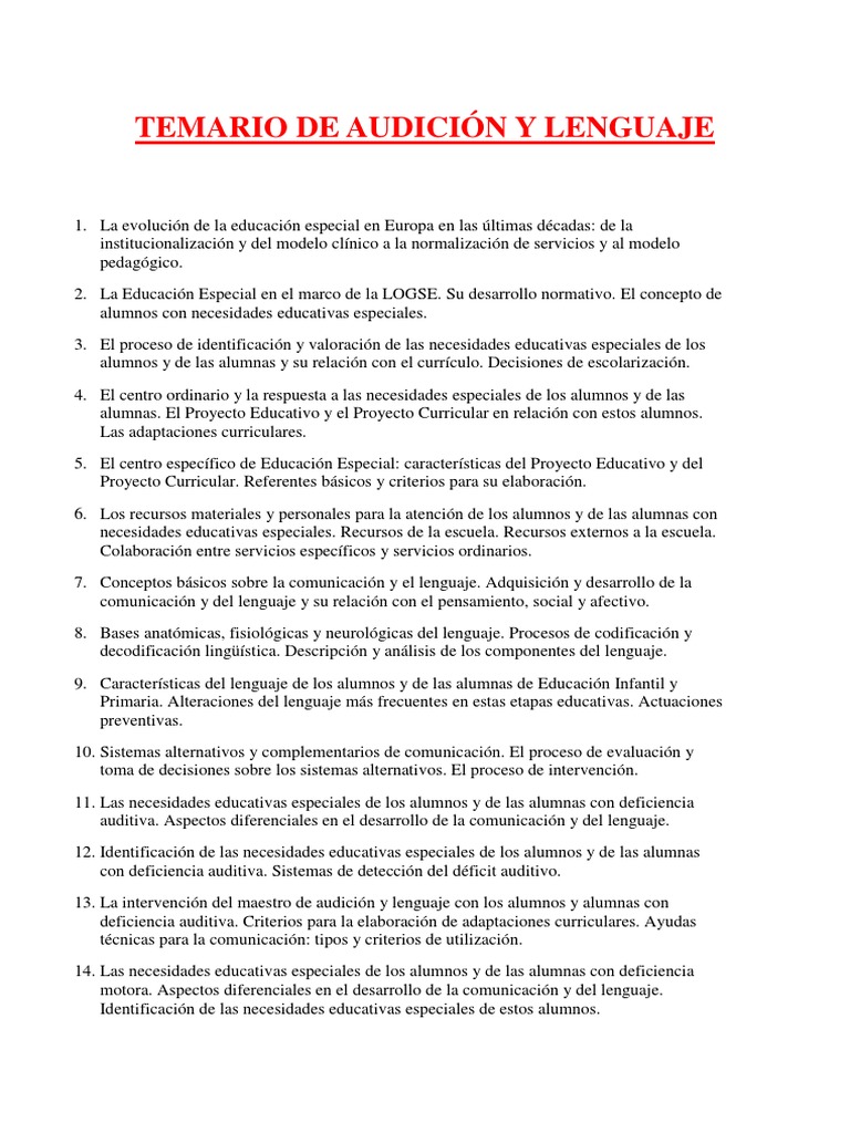 Temario de Audición y Lenguaje | PDF | Educación especial | Cognición