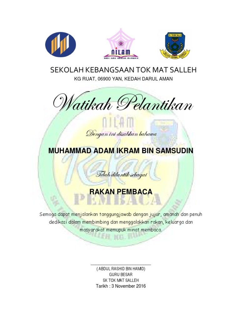 Pelantikan Rakan Pembaca SK Tok Mat Salleh | PDF