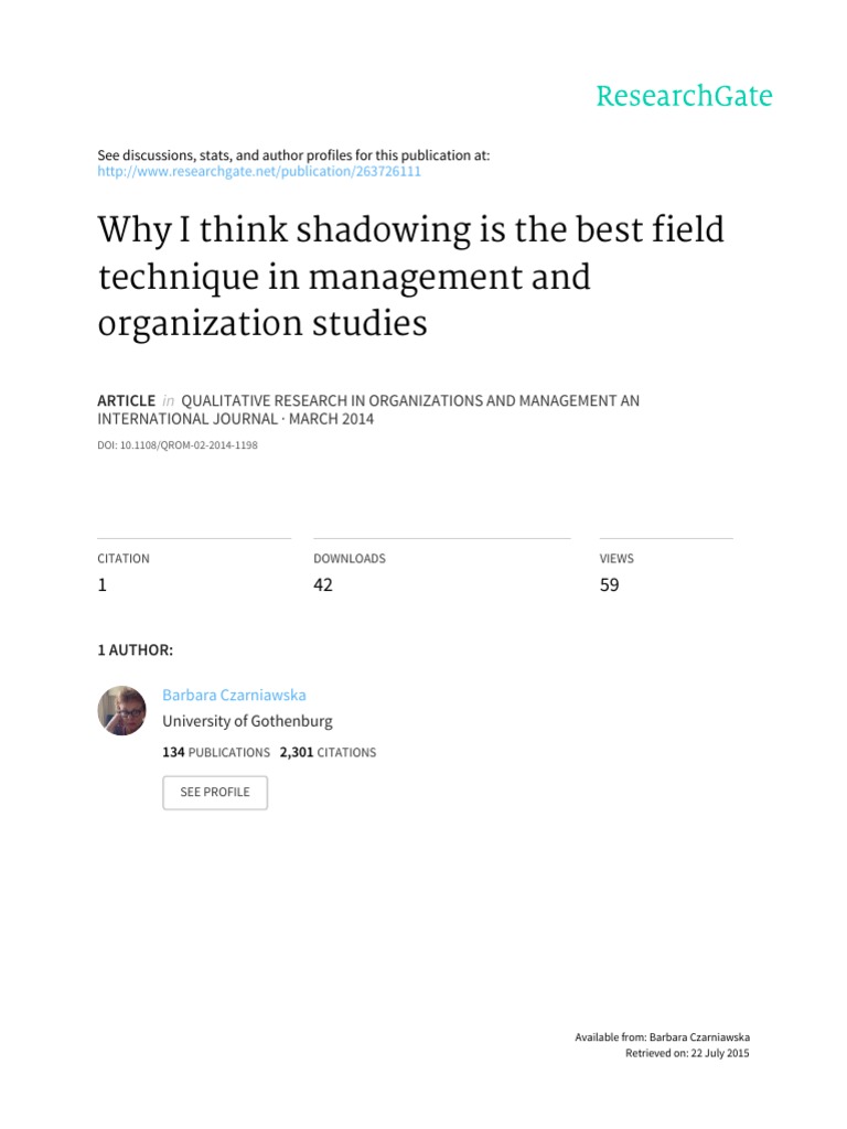 Shadowing in Management Research | PDF | Industrial And Organizational ...
