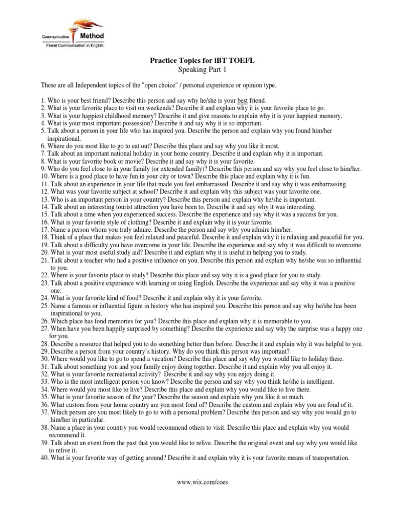 TOEFL Speaking Practice Topics | PDF | Cognition | Cognitive Science