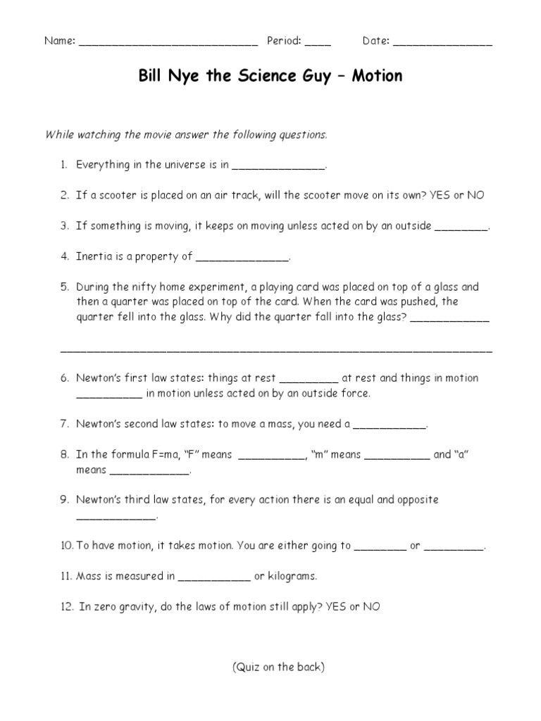 Bill Nye Motion Worksheet \u0026 Quiz | PDF | Inertia | Force, image size:768x1024