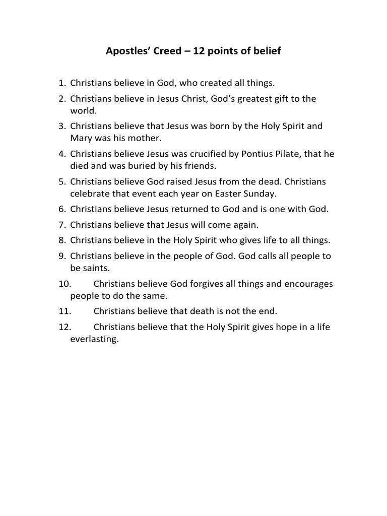 apostles creed - 12 points of belief summary