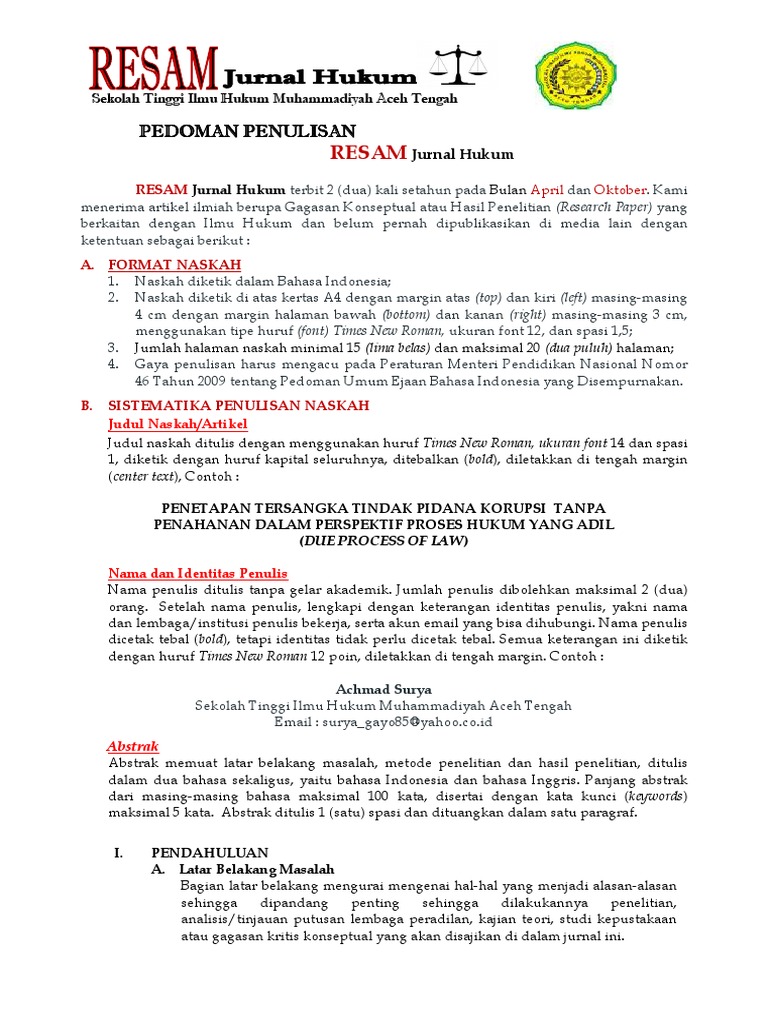 Pedoman Penulisan Jurnal Hukum Resam Pdf