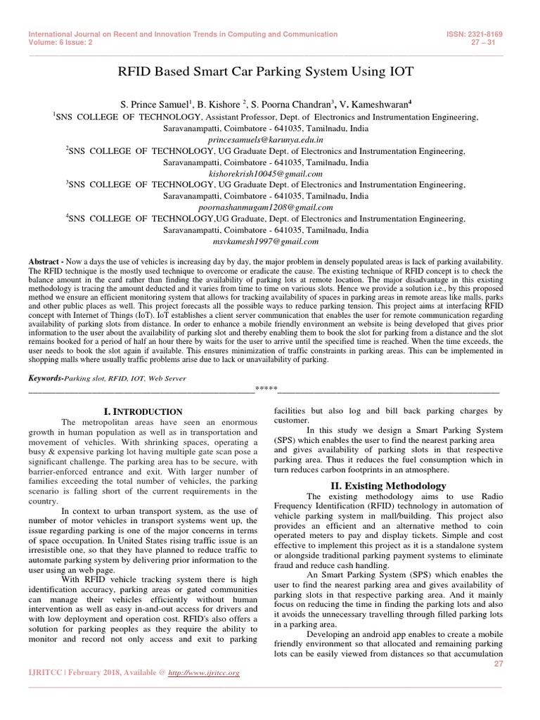 RFID Based Smart Car Parking System Using IOT | PDF | Parking | Parking Lot