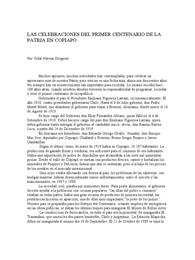 Las Celebraciones Del Primer Aniversario de La Patria en Copiapo | PDF ...