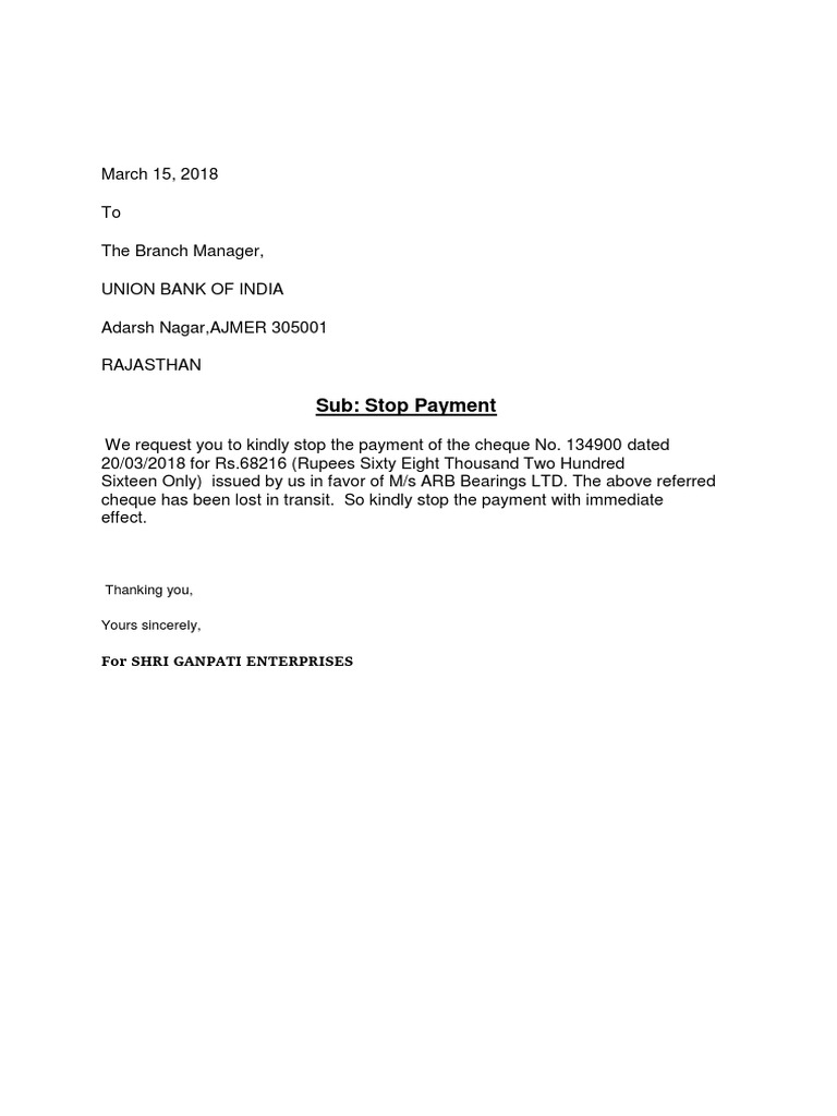 Stop Payment Request for Lost Cheque | PDF