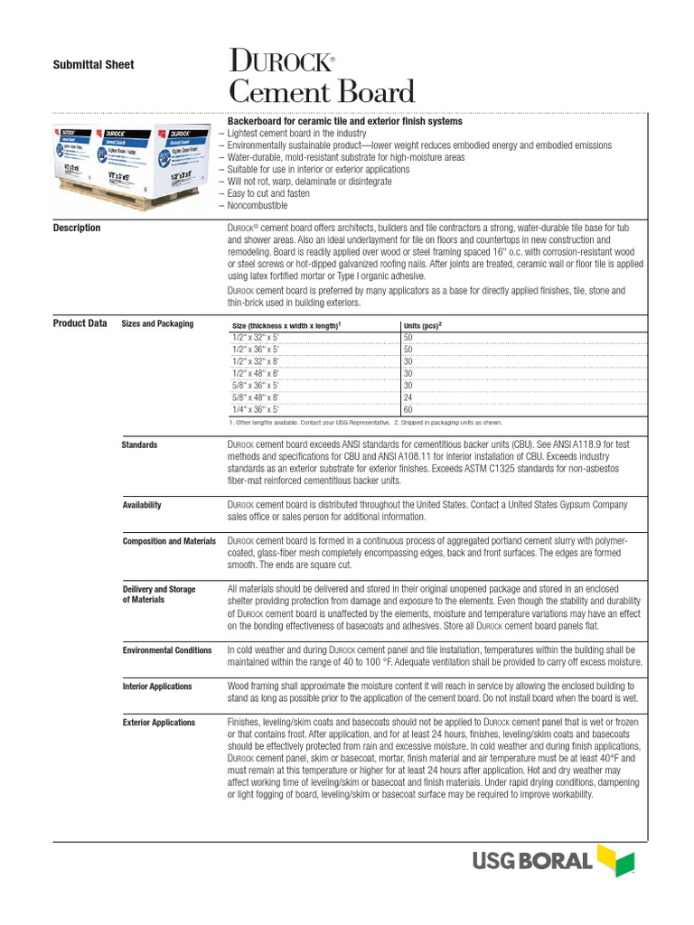 Durock Cement Board Submittal Sheet.pdf Framing (Construction