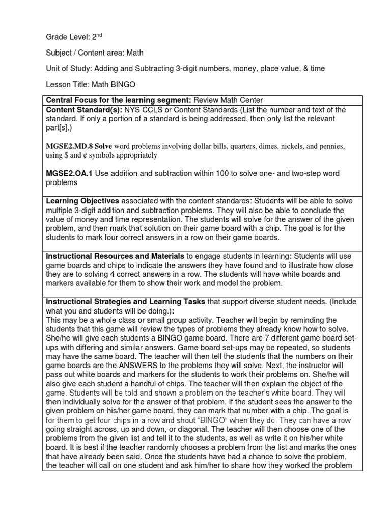 2nd Grade Math BINGO: Addition & Subtraction | PDF | Lesson Plan ...