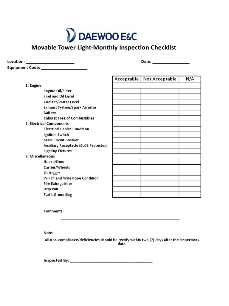 Monthly Movable Tower Light Inspection Checklist Electric Power Electricity