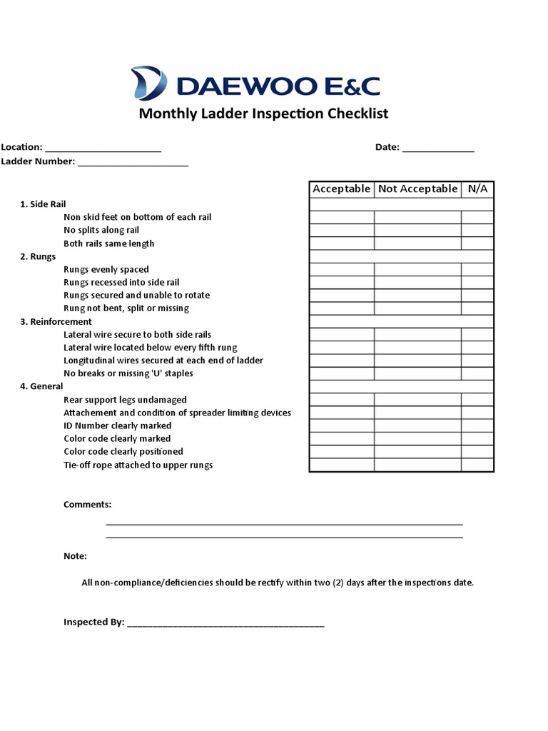 Monthly Ladder Inspection Checklist