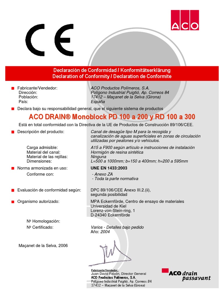 Certificado De Conformidade Aco Drain Monoblock Pd100 A 200 Y Rd 100