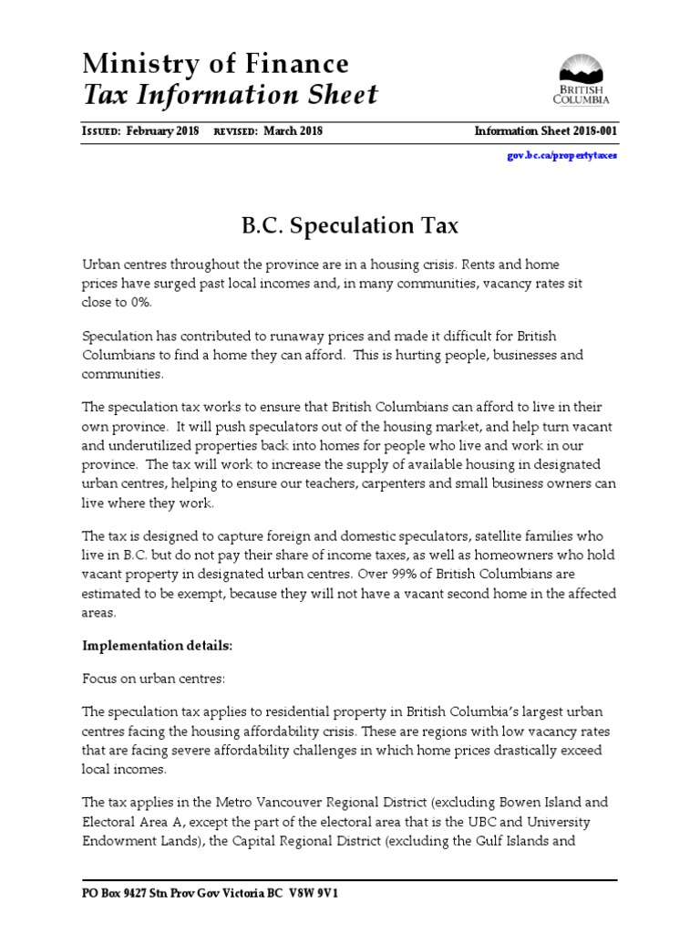 Tax Information Sheet Ministry of Finance PDF British Columbia