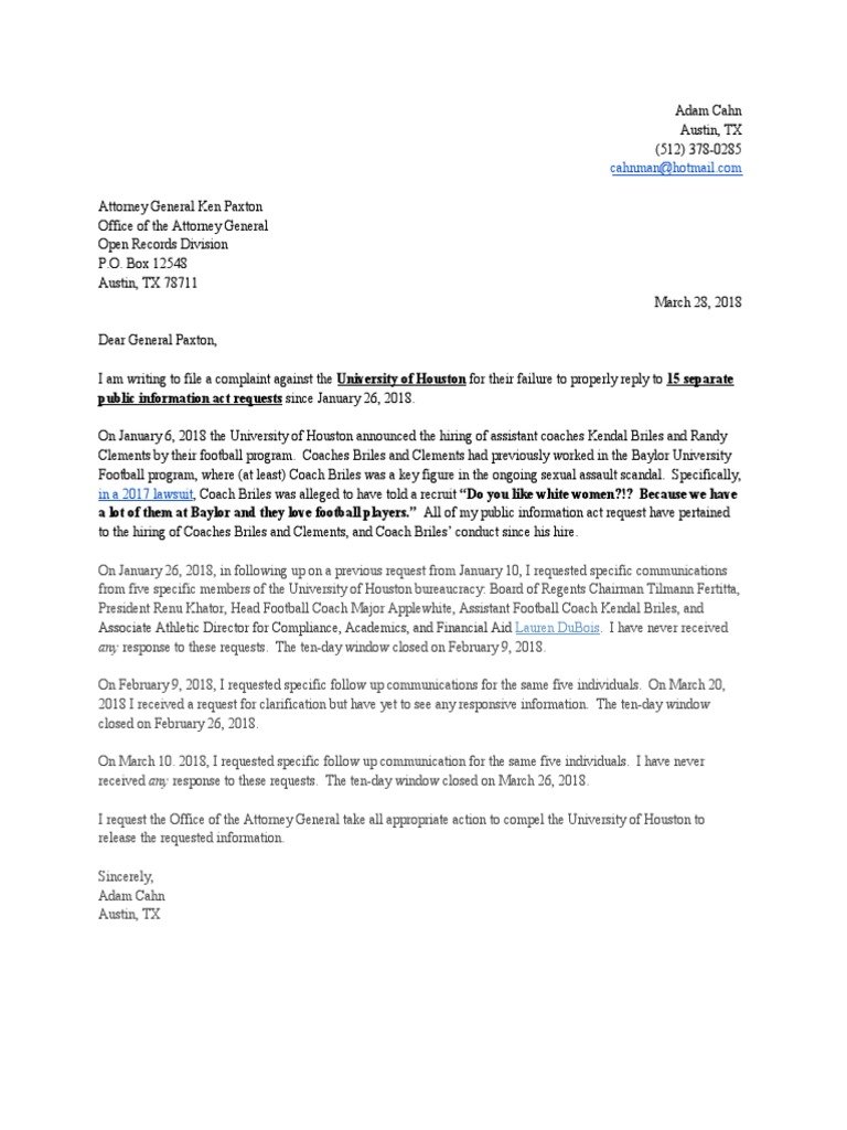 U of H Open Records Complaint to Texas Attorney General Text Messaging Texas