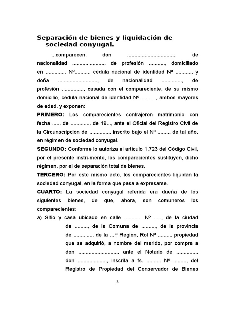 Modelo de Separacion de Bienes y Liquidacion de Sociedad Conyugal PDF Sociedad de